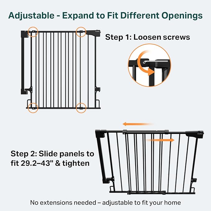 Cumbor 2 Pack 29.2-43" No Bottom Bar Baby Gate for Stairs, 2-in-1 Auto Close Dog Gate Indoor, Hardware Mounted Pet Gate for Doorways with Large Walk Thru Door, Child-Proof Safety Gate for Kids (Black)