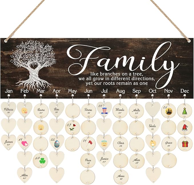 CHDITB Family Birthday Reminder Calendar Board(16”x5), DIY Birthday Gifts for Mother’s Day Valentine's Day, Wooden Family Friends Birthday Tracker Wall Hanging with 100 Heart/Circle Tags (Brown)