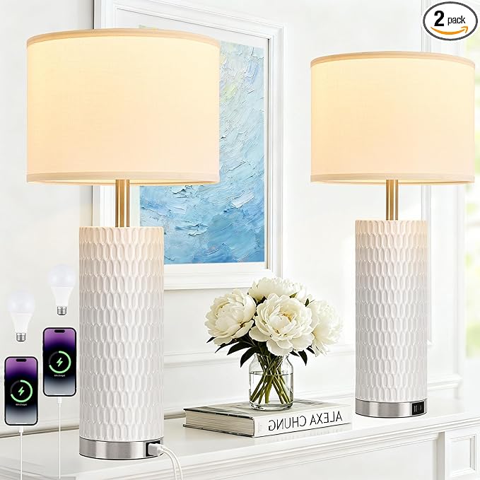 27.5" Ceramic Table Lamp, Table Lamp for Living Room with USB A+C Charging Ports, 3 Way Touch Control Table Lamps for Bedroom, Modern Bedside Lamp Set of 2, End Table Lamps, Bulbs Included White