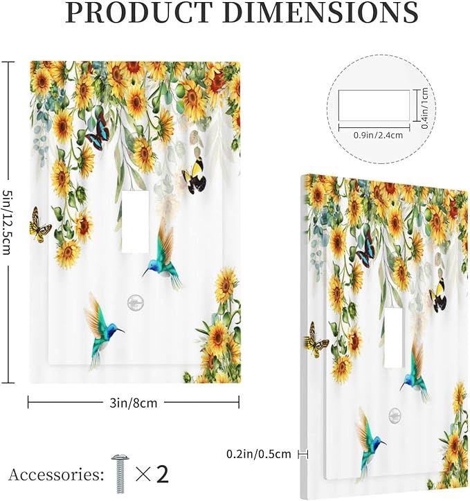 Yellow Sunflower Blue Hummingbird Butterfly Single Toggle Light Switch Covers Decorative Rustic Farmhouse Floral Botanical Plant 1 Gang Wall Plates Cover Electrical Switchplate for Bathroom