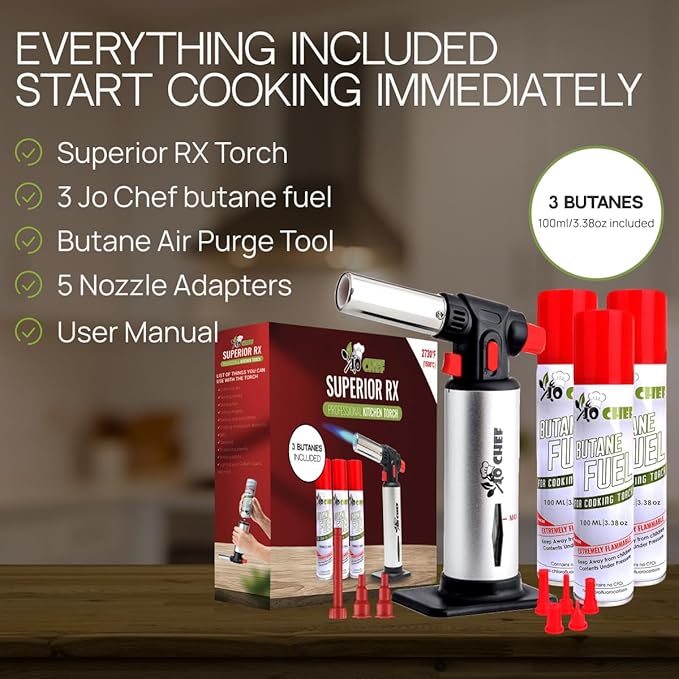 Jo Chef Kitchen Torch With Butane included, Refillable Butane Torch, Creme Brulee Torch, Blow Torch Lighter gun With Safety Lock & Adjustable Flame, 3 Cans (3.38oz) Included