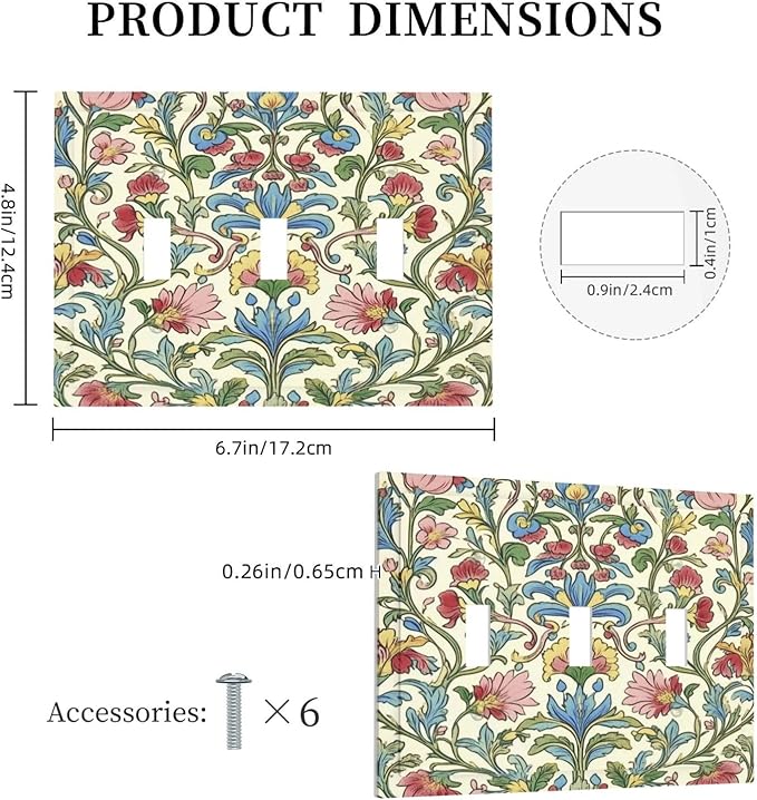 Decorative Switch Plates Boho Red Floral Morris Plant Leaves 3 Gang Wall Plate Triple Toggle Light Switch Cover Faceplate Electrical Wall Panels For Farmhouse Cabin Decor