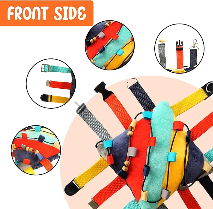 SENSORY4U Buckle Pillow Sensory Fine Motor Development Toy Activity Plushie - OT Therapy Tool Threading Counting Colors Latches Sorting Skills in One - 2nd Edition