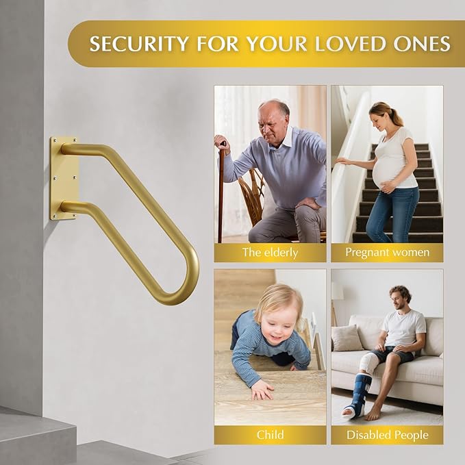 Hand Rails for Outdoor 1-2 Steps, Indoor Stairs, Bathroom, Wall Mount Non-Slip U-Shape Stair Hand Railing Gold 1 Pack