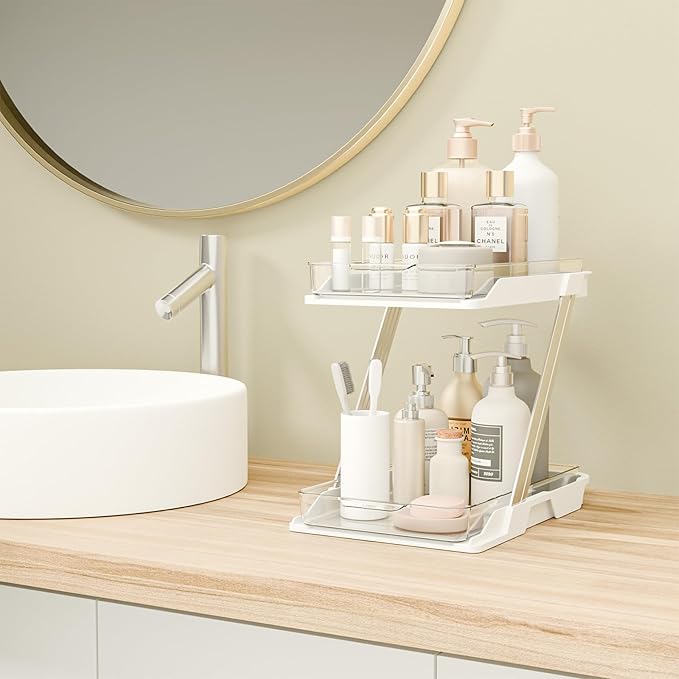 1 Pack Bathroom Organizers and Storage - Multi-Purpose,2-Tier Clear Pull Out Organization for Bathroom,Under Sink,Kitchen,Vanity,Countertop,Cabinet,Pantry & Medicine Cabinet,White