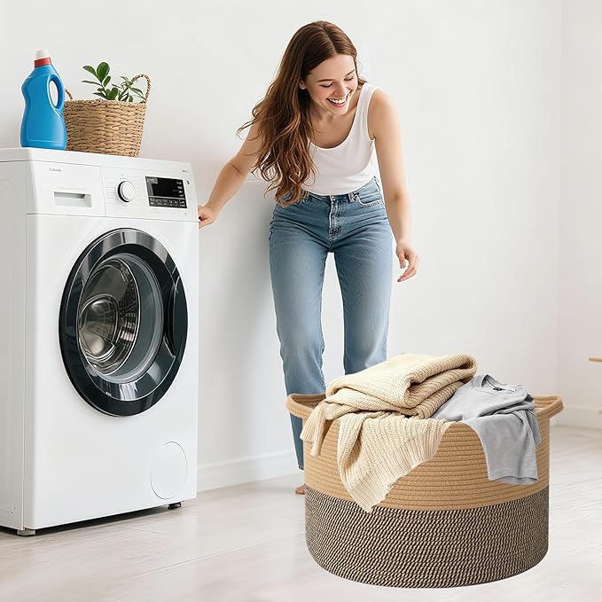 Large Storage Basket with Handle,19.7" L x 19.7" W x 13" H Blanket Basket Storage Bins for Organizing,65L Cotton Rope Woven Baskets for Living Room, Nursery ,Bedroom,Jute&Black
