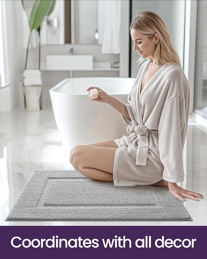 DEXI Bathroom Rugs 43x24, Washable Non Slip Bath Mat for Shower Floor, Absorbent Quick Dry Bathmat with Rubber Backing, Ultra Soft Plush Carpet for Tub, Light Grey