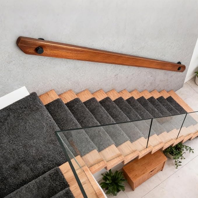 Wood Handrails, Indoor Non-Slip Staircase Handrail,Retro Rustic Wall Mount Railings Handrails, Home Loft Corridor Support Rod,Industrial Pipe Support, Easy to Install (Dark Wood, 9FT)