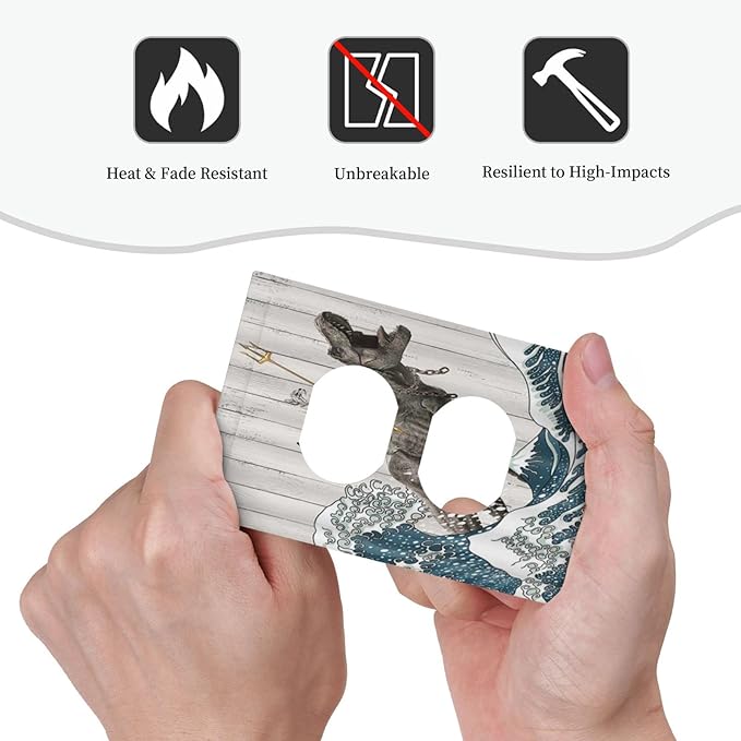 Outlet Covers Funny Cat Cool Cat Dinosaur Japanese Sea Waves Wood 1 Gang Duplex Light Switch Cover Plate Decorative Wall Plate Covers Electrical Receptacle Switchplate for Farm Bathroom Decor