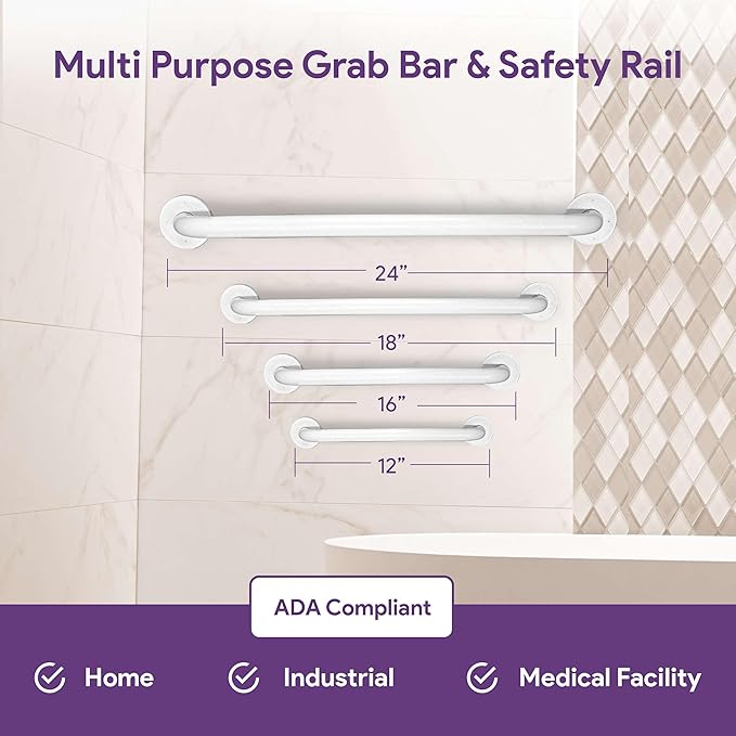 White 12 Inch Grab Bars for Bathtubs and Showers - Powder Coated Steel Bathroom Safety Rail Handle - Non Slip Grip Handicap Grab Bar for Seniors, 250 lbs Weight Support Capacity