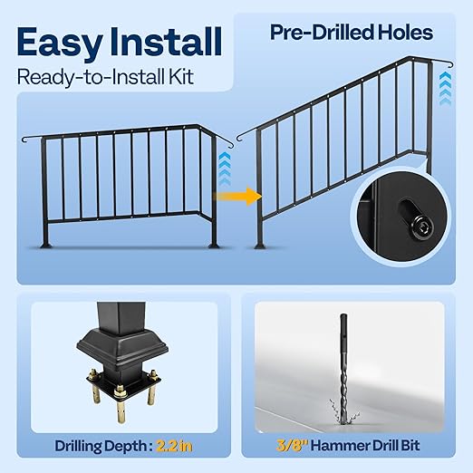 VIVOHOME 2-Pack 5 Step Galvanized Steel Hand Rails for Outdoor Steps – Curved Ends and Safety Balusters Exterior Railing for Porch, Deck, or Indoor Stairs, Complete Installation Kit