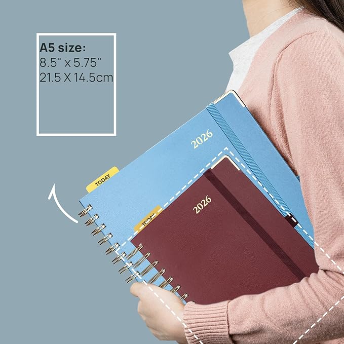 POPRUN 2026 Daily Planner One Page A Day - [8.5" x 5.75" Wire-Bound Hard Cover] Agenda 2026 Hourly Appointment Book with Monthly Calendar, Inner Pocket, Ivory Paper - Light Pink