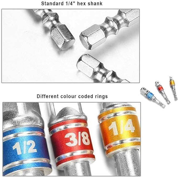 Impact Grade Socket Adapter/Extension Set Turns Power Drill Into High Speed Nut Driver,1/4-Inch Hex Shank to Drive for Adapters to Use with Drill Chucks, Sizes 1/4" 3/8" 1/2", Cr-V, 3-Piece