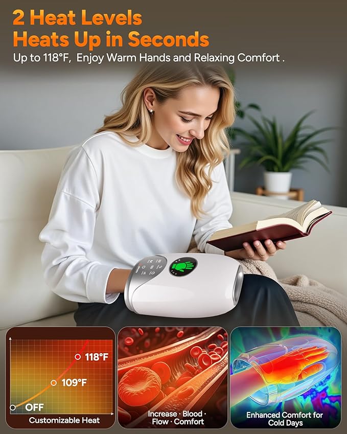 Hand Massager with Heat and Compression : Hand and Wrist Massager with Customizable Modes, Finger Stretch Function, Visual Display, Palm Roller - Daily Comfort for Women, Men, Home, Office Use