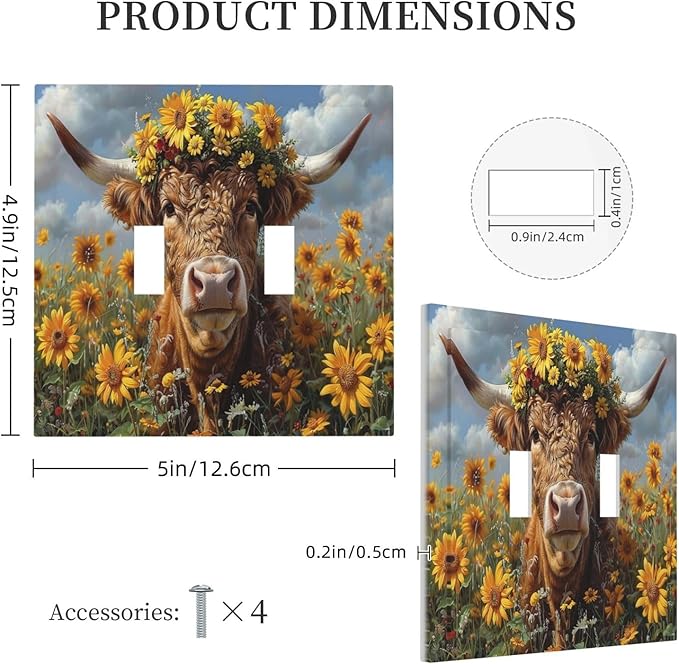 Decorative Switch Plates Vintage Sunflower Highland Cow Rustic Art 2 Gang Double Toggle Outlet Light Switch Cover Wall Plate Electrical Faceplate for Bedroom Farmhouse Decor