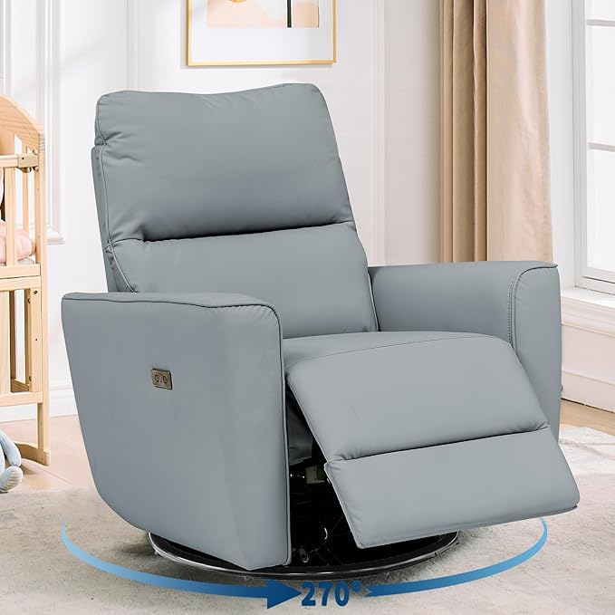 Power Recliner Chair Swivel Glider Faux Leather Upholstered Nursery Rocker Reclining Sofa Chair with Charging Port, Curved Armrests & Padded Backrest for Living Room and Bedroom (Power Gray)