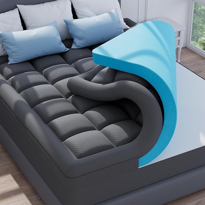 ELEMUSE Dual Layer 3 Inch Memory Foam Mattress Topper Full, 2 Inch Cooling Gel Memory Foam Plus 1 Inch Down Alternative Pillowtop Mattress Pad with Cooling Cover, Soft Comfort Support, Grey