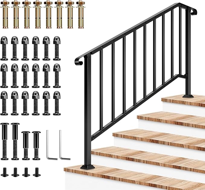 VIVOSUN Outdoor Handrail, 5 Step Stair Handrail, 69" x 36" Fits 1 to 5 Steps, Wrought Mattle Iron Stair Railing with Curved End and Balusters for Concrete Step, Porch Steps, One-Step Assembly, Black