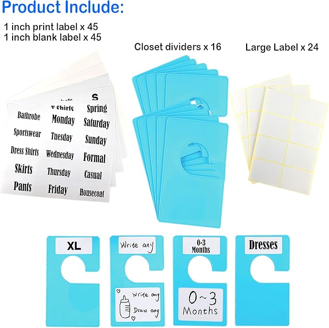 16 Pack White Clothing Rack Size Dividers Plus 45 Labels (1 Inch) and 18 Large Blank Labels, Large Rectangular Clothing Closet Dividers (Blue)