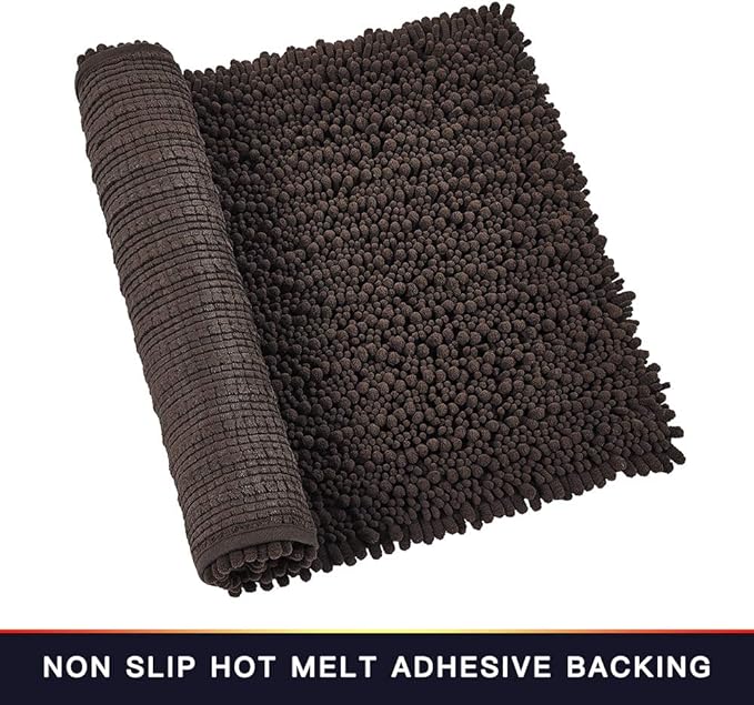 Walensee Bathroom Rug Non Slip Bath Mat (24x17 Inch Brown) Water Absorbent Super Soft Shaggy Chenille Machine Washable Dry Extra Thick Perfect Absorbant Best Small Plush Carpet for Shower Floor