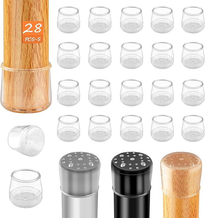 28pcs Chair Leg Protectors for Carpet Rug, Round Chair Feet Glides Covers Caps Furniture Foot Sliders with Plastic Pads, Damage-Free Move on Carpets (Fit:7/8"~1-1/16", Clear)