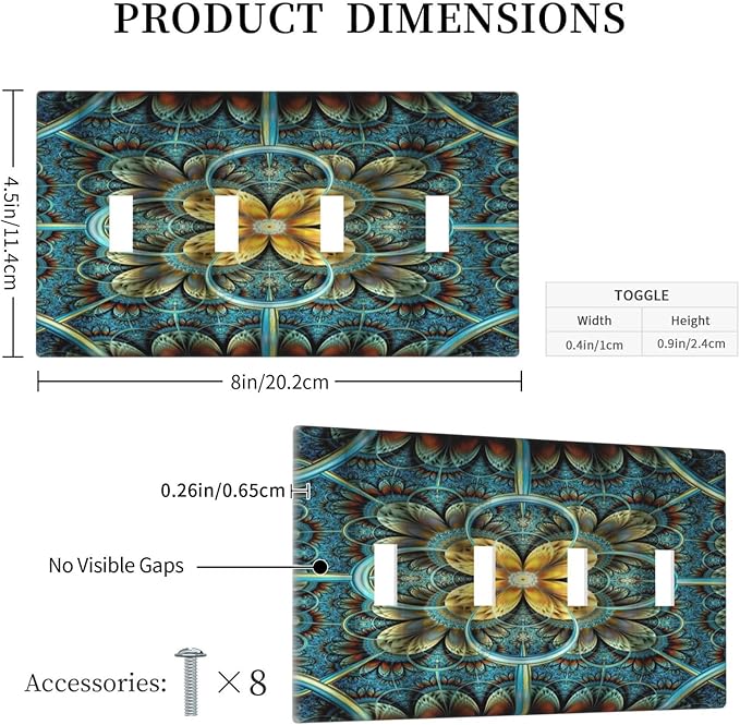 Light Switch Cover Boho Fractal Mandala 4 Gang Switch Plate Quad Toggle Wall Plates Bohemia Decorative Switchplate Electrical Outlet Cover Plates for Bathroom Bedroom Decor