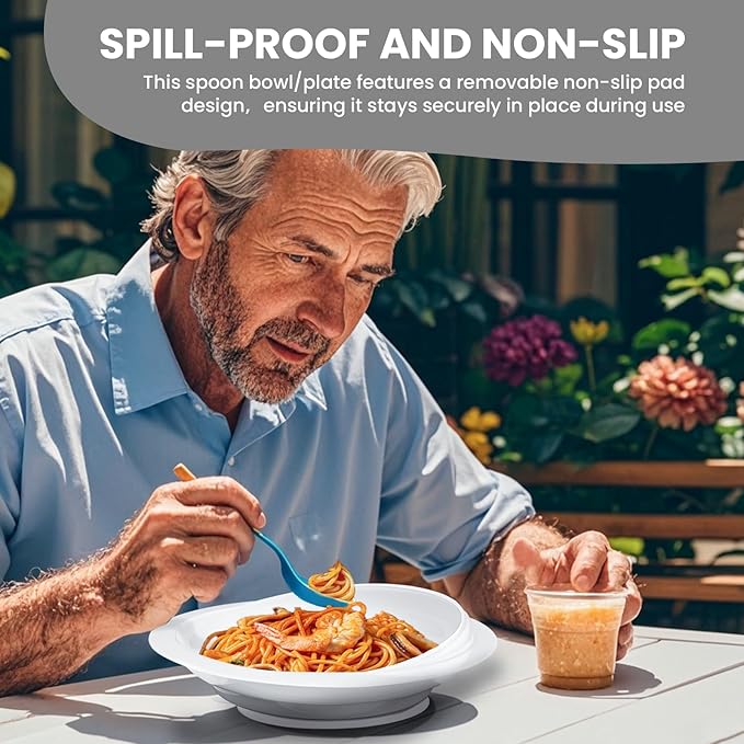 Spill Proof Scoop Plate and Bowl with Non-Skid Suction Base, Adaptive Self-Feeding Dinnerware for Elderly and Disabled(White)