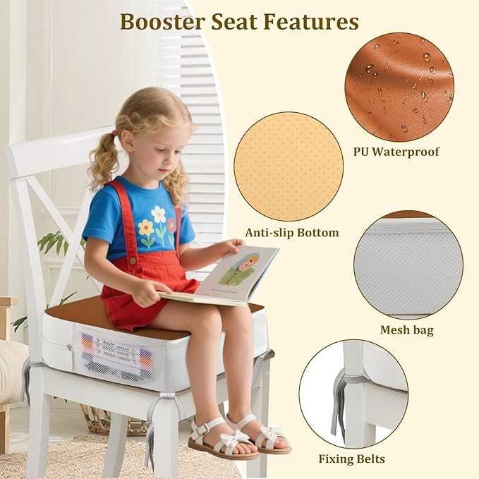Booster Seat for Kitchen Chair - 4-Point Anchor 3.8" Lift Toddler Booster Seat for Dining Table with Side Pockets, Non-Slip & Portable Dining Cushion for Kids (Brown)