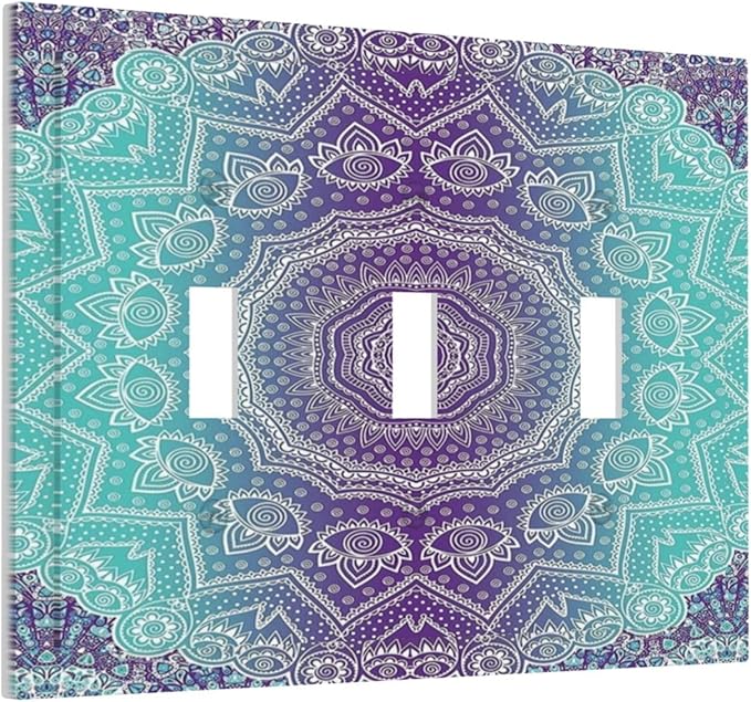 Light Switch Cover Ombre Modern Mandala Floral Geometric 3 Gang Wall Plate Triple Light Switch Plate Toggle Decorative Outlet Covers Electrical Switchplate for Bathroom Bedroom Decor