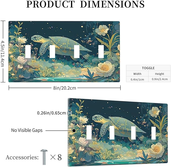 Light Switch Covers Fantasy Sea World Sea Turtle Floral Plant Quad Toggle Electrical Faceplate 4 Gang Wall Plate Decorative Switch Plates for Kids Room Nursery Decor