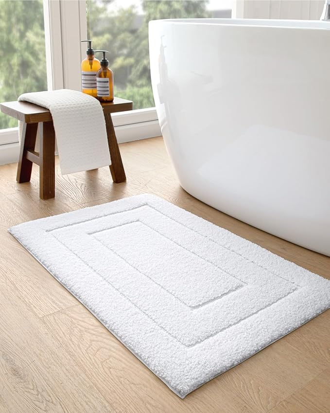 DEXI Bathroom Rug Set 2 Piece 24x16, Non Slip Washable Bath Mat for Shower Floor, Absorbent Soft Bathmat with Rubber Backing, Quick Dry Microfiber Carpet, White