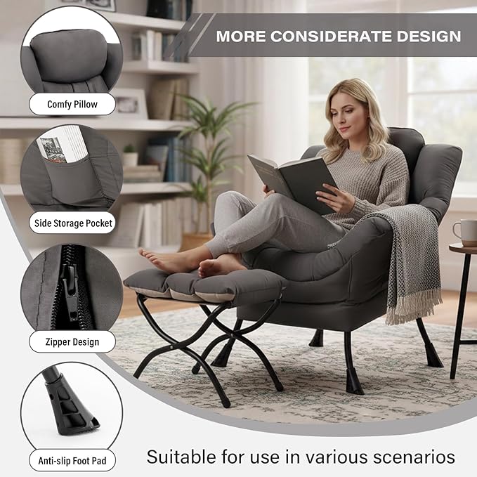 Lazy Chair with Folding Ottoman, Modern Accent Lounge Armchair with Armrests and a Side Pocket & Foldable Footstool, Leisure Reading Chair for Living Room, Bedroom, Dorm & Office, Dark Grey