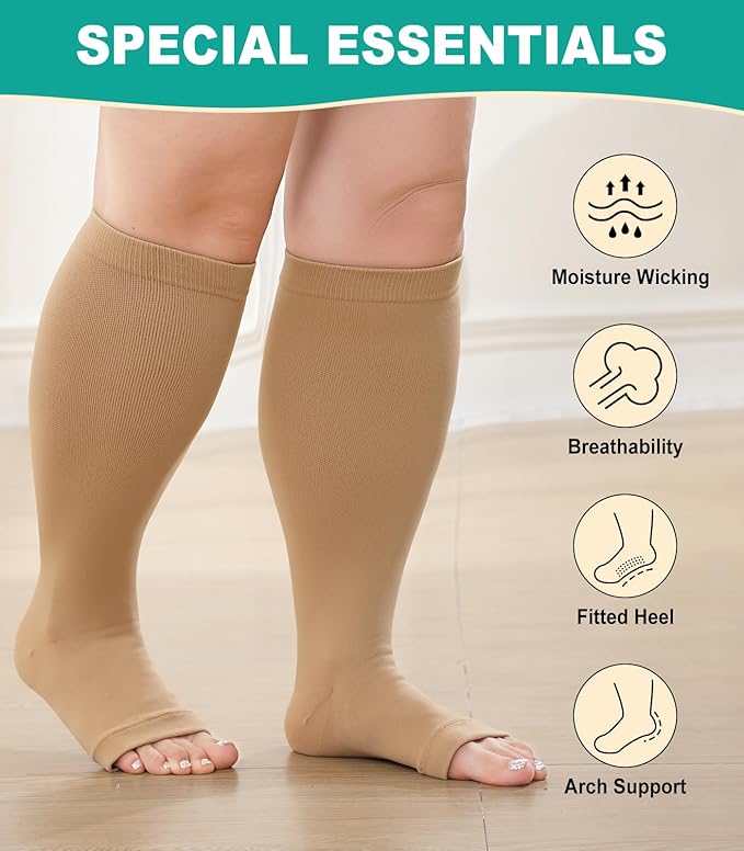Plus Size Compression Socks: Wide Calf Toeless Stockings for Men Women - Open Toe 20-30 mmHg Compression Hose Support for Travel Nurses