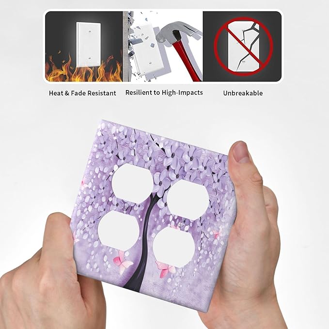 Decorative Light Switch Cover Plate 3d Purple Tree 2 Gang Socket Covers Double Duplex Wallplates Switch Plates and Outlet Covers for Bedroom Bathroom Decor
