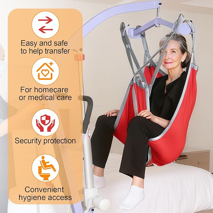 Patient Lift Divided Leg Sling – Heavy Duty 500 lbs Capacity, Easy Hygiene Access with Handles & Pocket, Machine Washable – Small/Medium/Large for Elderly, Disabled & Bariatric Care（Red, S)