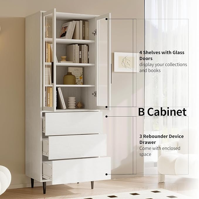 TUSY 70.9“ H Bookshelf with Glass Doors, 5-Tier Display Curio Cabinet with Drawers, Narrow Display Bookcase for Home, Office, Clinic, Pantry (White, B)