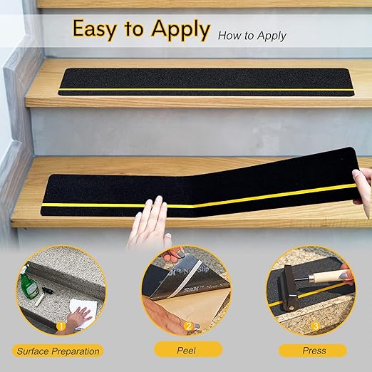 S&X Outdoor Stair Treads Non-Slip Grip Tape, 25-Pack 6” x 24” Pre-Cut Anti Slip Tape with Reflective Stripe, Heavy Duty Non-Skid Traction Tape for Wooden Steps, Concrete Stairs, Decks