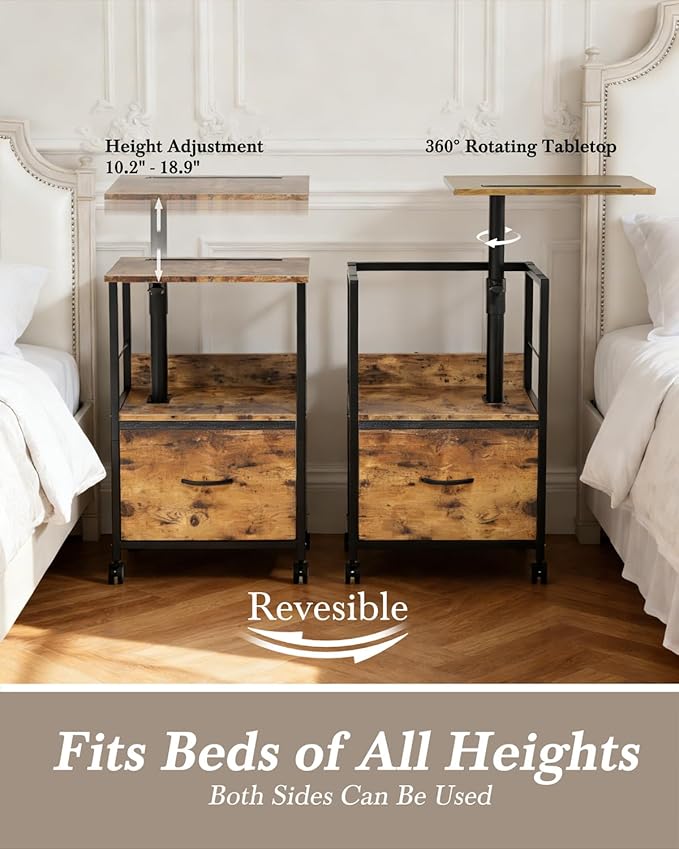 Swivel Lift Top Nightstand, 2-Tier 360° Adjustable Bedside Table, Rolling Night Stand with Wheels, Small End Table with Fabric Drawer, for Bedroom, Living Room, Rustic Brown