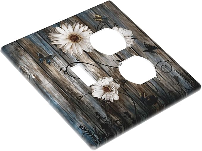 Rustic Wood Background Floral Butterfly Daisy Wallplates 1 Toggle 1 Duplex Switch Plate Electrical GFCI Faceplate Decorative Light Switch Covers for Farmhouse Bedroom Decor