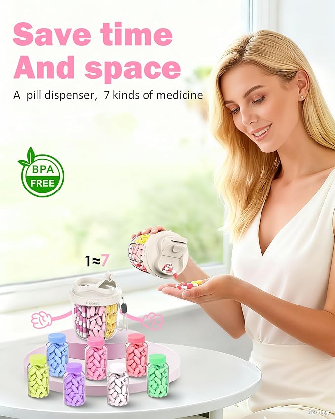 Cute Pill Organizer,Pill Dispenser with 7 Large Compartments,Portable Pill Bottle Box with Wide Opening for Easy Use, Anti-Mix Pills Organizer for Travel,Includes 20 Pcs Sticky Labels(White)