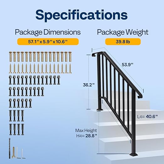 VIVOHOME 2-Pack 4 Step Galvanized Steel Hand Rails for Outdoor Steps – Curved Ends and Safety Balusters Exterior Railing for Porch, Deck, or Indoor Stairs, Complete Installation Kit