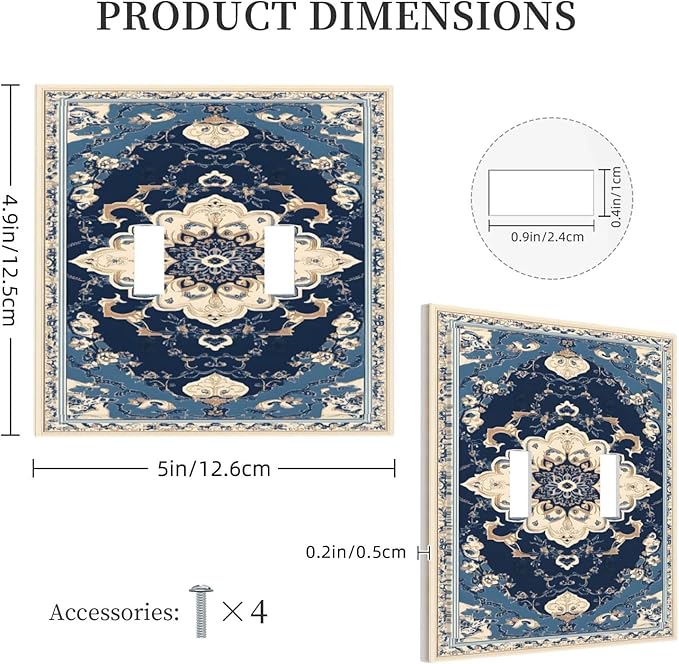 Decorative Light Switch Cover Plate Boho Beige Navy Blue Medallion 2 Gang Switch Plate Covers Double Toggle Wall Plate Dual Device Faceplate for Country Bathroom Bedroom Decor