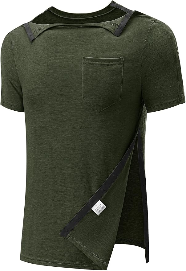 Poriff Men's Post Shoulder Surgery Recovery Shirts Full Tear Away Short Sleeve Snap Chemo Port Access Shirt