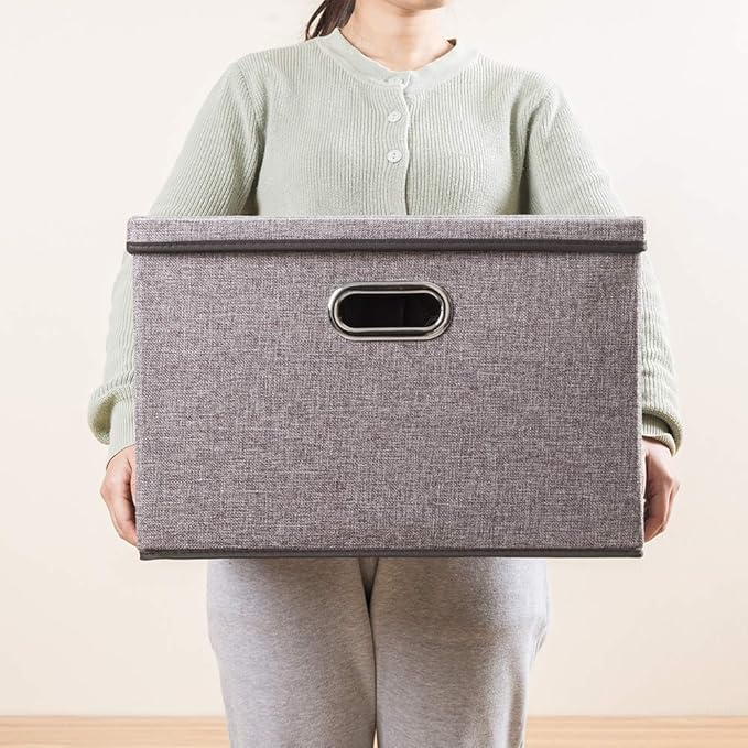 PRANDOM Large Collapsible Storage Bins with Lids [3-Pack] Linen/Cotton Blend Foldable Storage Boxes Organizer Containers Baskets Cube with Cover for Home Bedroom Closet Office Nursery(17.7x11.8x11.8)