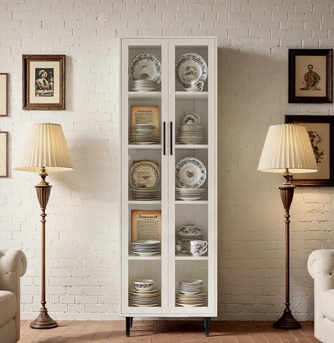 TUSY 70.9“ H Bookshelf with Glass Doors, 5-Tier Display Curio Cabinet with Drawers, Narrow Display Bookcase for Home, Office, Clinic, Pantry (White, C)