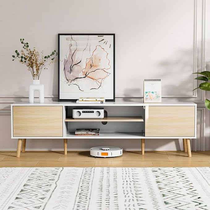 TV Stand for 75 Inch TV, Entertainment Center with Storage, 2 Cabinet Media Console Table, Wood Feet, Living Room, Bedroom Furniture,White&Oak