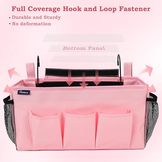 Surblue Bedside Organizer with Hook & Caddy Hanging Storage Bag with Adjustable Straps and Water Bottle Holder for Home, College, Dorm Bunk Bed & Crib Bed Rails Accessories, Pink