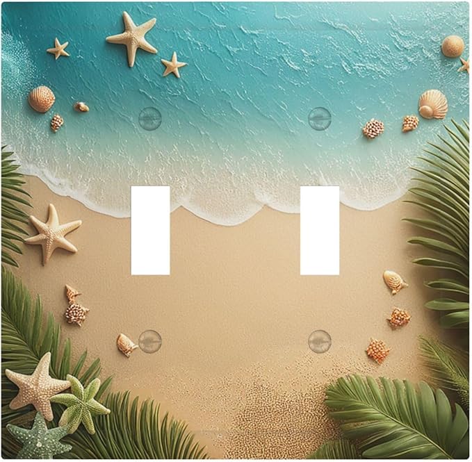 Decorative Switch Plates Summer Beach Themed Starfish Seashells 2 Gang Double Toggle Outlet Light Switch Cover Wall Plate Electrical Faceplate for Bedroom Bathroom Decor
