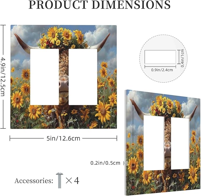 Decorative Outlet Covers Vintage Sunflower Highland Cow Rustic Art 2 Gang Double GFCI Rocker Electrical Wall Panels Light Switch Cover Plate for Bedroom Farmhouse Decor