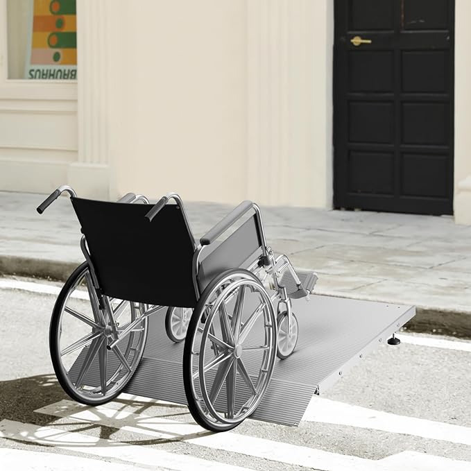 Aluminum Adjustable Threshold Ramp for Wheelchairs, 36" x 36" Doorway Ramp with 3.4"–7.2" Rise, Self-Supporting Entry Ramp for Uneven Surfaces, 880 lb Capacity with Non-Slip Mat